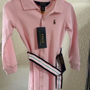 Ralph Lauren Girls' Pink Long-Sleeve Polo Dress with Striped Belt